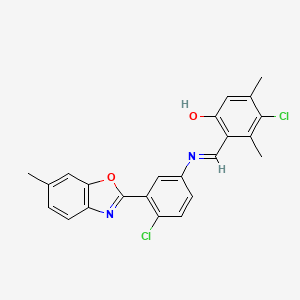 molecular formula C23H18Cl2N2O2 B15015342 4-chloro-2-[(E)-{[4-chloro-3-(6-methyl-1,3-benzoxazol-2-yl)phenyl]imino}methyl]-3,5-dimethylphenol 