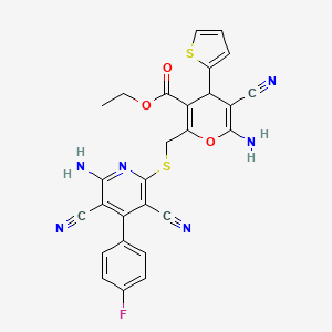 molecular formula C27H19FN6O3S2 B15015798 ethyl 6-amino-2-({[6-amino-3,5-dicyano-4-(4-fluorophenyl)pyridin-2-yl]sulfanyl}methyl)-5-cyano-4-(thiophen-2-yl)-4H-pyran-3-carboxylate 