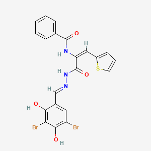 N-[(1E)-3-[(2E)-2-(3,5-dibromo-2,4-dihydroxybenzylidene)hydrazinyl]-3-oxo-1-(thiophen-2-yl)prop-1-en-2-yl]benzamide