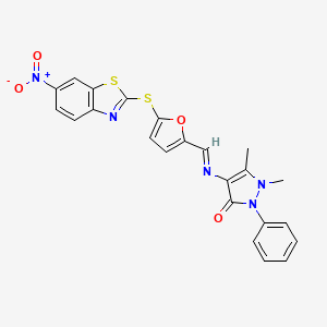 1,5-dimethyl-4-{[(E)-{5-[(6-nitro-1,3-benzothiazol-2-yl)sulfanyl]furan-2-yl}methylidene]amino}-2-phenyl-1,2-dihydro-3H-pyrazol-3-one