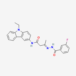 (3E)-N-(9-ethyl-9H-carbazol-3-yl)-3-{2-[(3-fluorophenyl)carbonyl]hydrazinylidene}butanamide