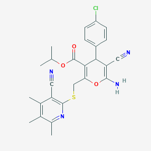 molecular formula C26H25ClN4O3S B15016420 propan-2-yl 6-amino-4-(4-chlorophenyl)-5-cyano-2-{[(3-cyano-4,5,6-trimethylpyridin-2-yl)sulfanyl]methyl}-4H-pyran-3-carboxylate 