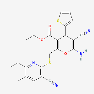 molecular formula C23H22N4O3S2 B15016740 ethyl 6-amino-5-cyano-2-{[(3-cyano-6-ethyl-5-methylpyridin-2-yl)sulfanyl]methyl}-4-(thiophen-2-yl)-4H-pyran-3-carboxylate 