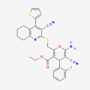 molecular formula C30H25IN4O3S2 B15017684 ethyl 6-amino-5-cyano-2-({[3-cyano-4-(thiophen-2-yl)-5,6,7,8-tetrahydroquinolin-2-yl]sulfanyl}methyl)-4-(2-iodophenyl)-4H-pyran-3-carboxylate 