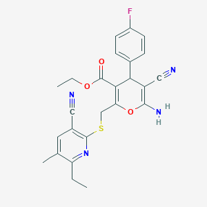 molecular formula C25H23FN4O3S B15017853 ethyl 6-amino-5-cyano-2-{[(3-cyano-6-ethyl-5-methylpyridin-2-yl)sulfanyl]methyl}-4-(4-fluorophenyl)-4H-pyran-3-carboxylate 