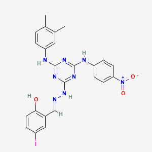 molecular formula C24H21IN8O3 B15018137 2-[(E)-(2-{4-[(3,4-dimethylphenyl)amino]-6-[(4-nitrophenyl)amino]-1,3,5-triazin-2-yl}hydrazinylidene)methyl]-4-iodophenol 