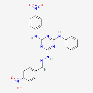 molecular formula C22H17N9O4 B15018198 6-[(2E)-2-(4-nitrobenzylidene)hydrazinyl]-N-(4-nitrophenyl)-N'-phenyl-1,3,5-triazine-2,4-diamine 