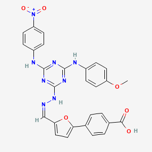 molecular formula C28H22N8O6 B15018299 4-{5-[(Z)-(2-{4-[(4-methoxyphenyl)amino]-6-[(4-nitrophenyl)amino]-1,3,5-triazin-2-yl}hydrazinylidene)methyl]furan-2-yl}benzoic acid 