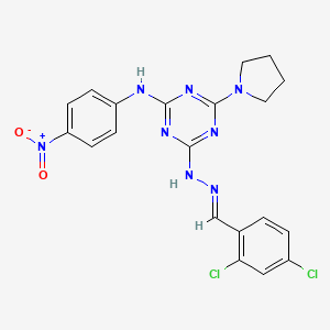 molecular formula C20H18Cl2N8O2 B15018941 4-[(2E)-2-(2,4-dichlorobenzylidene)hydrazinyl]-N-(4-nitrophenyl)-6-(pyrrolidin-1-yl)-1,3,5-triazin-2-amine 