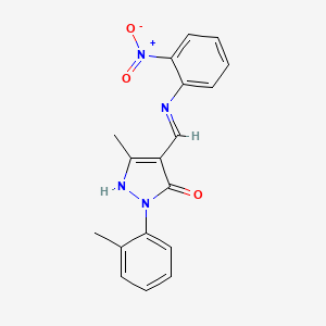 molecular formula C18H16N4O3 B15019291 (4E)-5-methyl-2-(2-methylphenyl)-4-{[(2-nitrophenyl)amino]methylidene}-2,4-dihydro-3H-pyrazol-3-one 