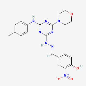 molecular formula C21H22N8O4 B15019377 4-[(E)-(2-{4-[(4-methylphenyl)amino]-6-(morpholin-4-yl)-1,3,5-triazin-2-yl}hydrazinylidene)methyl]-2-nitrophenol 