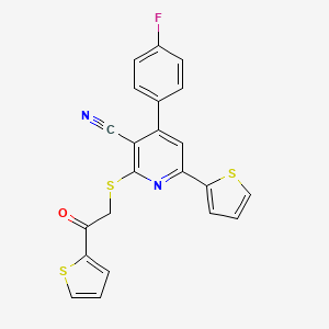 molecular formula C22H13FN2OS3 B15019503 4-(4-Fluorophenyl)-2-{[2-oxo-2-(thiophen-2-yl)ethyl]sulfanyl}-6-(thiophen-2-yl)pyridine-3-carbonitrile 