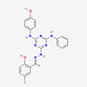 molecular formula C23H20IN7O2 B15019845 4-iodo-2-[(E)-(2-{4-[(4-methoxyphenyl)amino]-6-(phenylamino)-1,3,5-triazin-2-yl}hydrazinylidene)methyl]phenol 