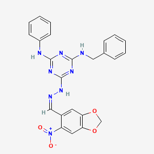 N-benzyl-6-{(2Z)-2-[(6-nitro-1,3-benzodioxol-5-yl)methylidene]hydrazinyl}-N'-phenyl-1,3,5-triazine-2,4-diamine