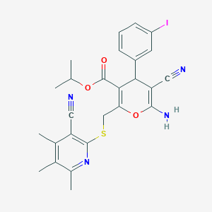 molecular formula C26H25IN4O3S B15020096 propan-2-yl 6-amino-5-cyano-2-{[(3-cyano-4,5,6-trimethylpyridin-2-yl)sulfanyl]methyl}-4-(3-iodophenyl)-4H-pyran-3-carboxylate 