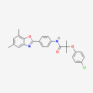 molecular formula C25H23ClN2O3 B15020155 2-(4-chlorophenoxy)-N-[4-(5,7-dimethyl-1,3-benzoxazol-2-yl)phenyl]-2-methylpropanamide 