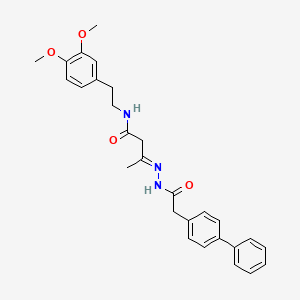 (3E)-3-[2-(biphenyl-4-ylacetyl)hydrazinylidene]-N-[2-(3,4-dimethoxyphenyl)ethyl]butanamide