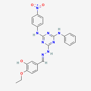 molecular formula C24H22N8O4 B15020357 2-ethoxy-5-[(E)-(2-{4-[(4-nitrophenyl)amino]-6-(phenylamino)-1,3,5-triazin-2-yl}hydrazinylidene)methyl]phenol 