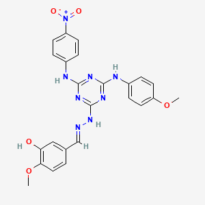 2-methoxy-5-[(E)-(2-{4-[(4-methoxyphenyl)amino]-6-[(4-nitrophenyl)amino]-1,3,5-triazin-2-yl}hydrazinylidene)methyl]phenol