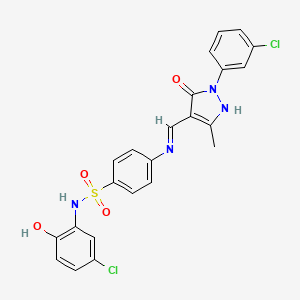 molecular formula C23H18Cl2N4O4S B15021476 N-(5-chloro-2-hydroxyphenyl)-4-({(E)-[1-(3-chlorophenyl)-3-methyl-5-oxo-1,5-dihydro-4H-pyrazol-4-ylidene]methyl}amino)benzenesulfonamide 