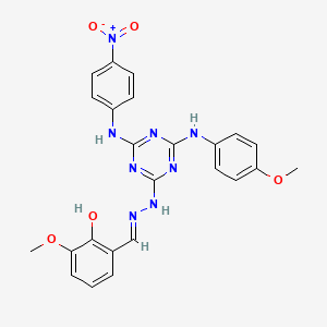 molecular formula C24H22N8O5 B15021651 2-methoxy-6-[(E)-(2-{4-[(4-methoxyphenyl)amino]-6-[(4-nitrophenyl)amino]-1,3,5-triazin-2-yl}hydrazinylidene)methyl]phenol 