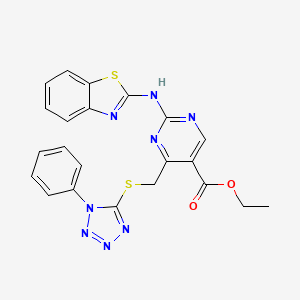 molecular formula C22H18N8O2S2 B15021758 ethyl 2-(1,3-benzothiazol-2-ylamino)-4-{[(1-phenyl-1H-tetrazol-5-yl)sulfanyl]methyl}pyrimidine-5-carboxylate 