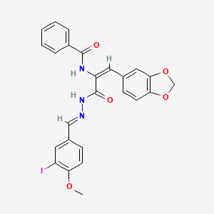 molecular formula C25H20IN3O5 B15022239 N-{(1E)-1-(1,3-benzodioxol-5-yl)-3-[(2E)-2-(3-iodo-4-methoxybenzylidene)hydrazinyl]-3-oxoprop-1-en-2-yl}benzamide 