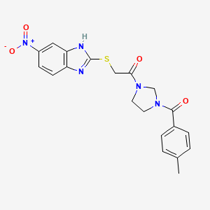 molecular formula C20H19N5O4S B15023637 1-{3-[(4-methylphenyl)carbonyl]imidazolidin-1-yl}-2-[(5-nitro-1H-benzimidazol-2-yl)sulfanyl]ethanone 