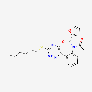 molecular formula C22H24N4O3S B15024080 1-[6-(furan-2-yl)-3-(hexylsulfanyl)[1,2,4]triazino[5,6-d][3,1]benzoxazepin-7(6H)-yl]ethanone 