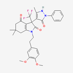 molecular formula C31H32F3N3O5 B15024093 1-[2-(3,4-dimethoxyphenyl)ethyl]-6,6-dimethyl-3-(5-methyl-3-oxo-2-phenyl-2,3-dihydro-1H-pyrazol-4-yl)-3-(trifluoromethyl)-3,5,6,7-tetrahydro-1H-indole-2,4-dione 