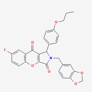 molecular formula C28H22FNO6 B15024330 2-(1,3-Benzodioxol-5-ylmethyl)-7-fluoro-1-(4-propoxyphenyl)-1,2-dihydrochromeno[2,3-c]pyrrole-3,9-dione 