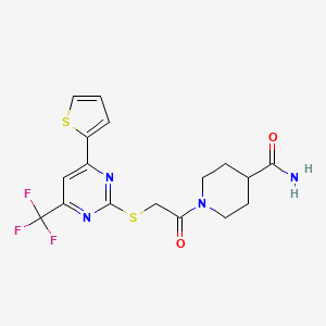 molecular formula C17H17F3N4O2S2 B15024346 1-({[4-(Thiophen-2-yl)-6-(trifluoromethyl)pyrimidin-2-yl]sulfanyl}acetyl)piperidine-4-carboxamide 