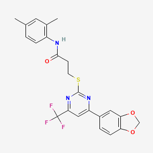 molecular formula C23H20F3N3O3S B15024352 3-{[4-(1,3-benzodioxol-5-yl)-6-(trifluoromethyl)pyrimidin-2-yl]sulfanyl}-N-(2,4-dimethylphenyl)propanamide 