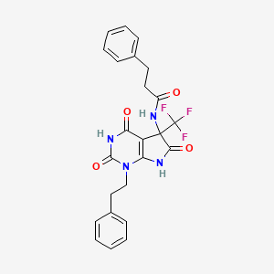 molecular formula C24H21F3N4O4 B15024355 N-[4-hydroxy-2,6-dioxo-1-(2-phenylethyl)-5-(trifluoromethyl)-2,5,6,7-tetrahydro-1H-pyrrolo[2,3-d]pyrimidin-5-yl]-3-phenylpropanamide 