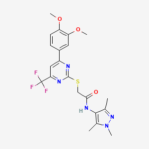 molecular formula C21H22F3N5O3S B15024710 2-{[4-(3,4-dimethoxyphenyl)-6-(trifluoromethyl)pyrimidin-2-yl]sulfanyl}-N-(1,3,5-trimethyl-1H-pyrazol-4-yl)acetamide 