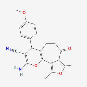 molecular formula C22H18N2O4 B15024811 13-amino-11-(4-methoxyphenyl)-3,5-dimethyl-7-oxo-4,14-dioxatricyclo[8.4.0.02,6]tetradeca-1(10),2,5,8,12-pentaene-12-carbonitrile 