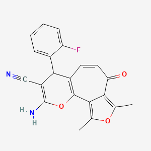 molecular formula C21H15FN2O3 B15024939 13-amino-11-(2-fluorophenyl)-3,5-dimethyl-7-oxo-4,14-dioxatricyclo[8.4.0.02,6]tetradeca-1(10),2,5,8,12-pentaene-12-carbonitrile 