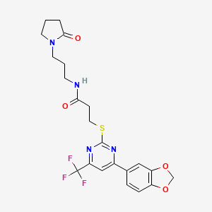 molecular formula C22H23F3N4O4S B15025114 3-{[4-(1,3-benzodioxol-5-yl)-6-(trifluoromethyl)pyrimidin-2-yl]sulfanyl}-N-[3-(2-oxopyrrolidin-1-yl)propyl]propanamide 