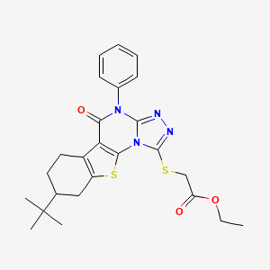 molecular formula C25H28N4O3S2 B15025207 Ethyl 2-{[8-(tert-butyl)-5-oxo-4-phenyl-4,5,6,7,8,9-hexahydro[1]benzothieno[3,2-E][1,2,4]triazolo[4,3-A]pyrimidin-1-YL]sulfanyl}acetate 