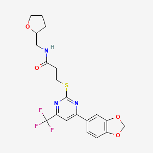 3-{[4-(1,3-benzodioxol-5-yl)-6-(trifluoromethyl)pyrimidin-2-yl]sulfanyl}-N-(tetrahydrofuran-2-ylmethyl)propanamide