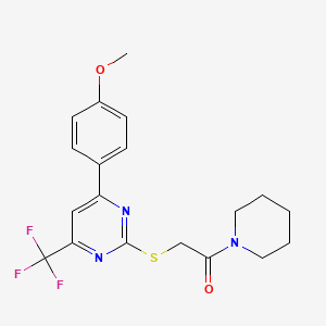 molecular formula C19H20F3N3O2S B15025520 2-{[4-(4-Methoxyphenyl)-6-(trifluoromethyl)pyrimidin-2-yl]sulfanyl}-1-(piperidin-1-yl)ethanone 