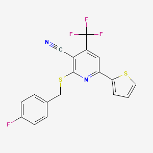 molecular formula C18H10F4N2S2 B15025811 2-[(4-Fluorobenzyl)sulfanyl]-6-(thiophen-2-yl)-4-(trifluoromethyl)pyridine-3-carbonitrile 