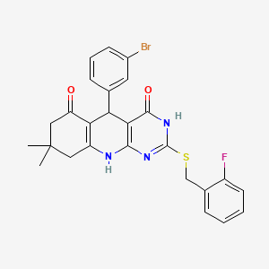 molecular formula C26H23BrFN3O2S B15026414 5-(3-Bromophenyl)-2-{[(2-fluorophenyl)methyl]sulfanyl}-8,8-dimethyl-3H,4H,5H,6H,7H,8H,9H,10H-pyrimido[4,5-B]quinoline-4,6-dione 