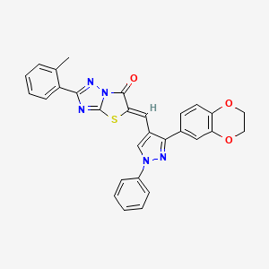 molecular formula C29H21N5O3S B15026606 (5Z)-5-{[3-(2,3-dihydro-1,4-benzodioxin-6-yl)-1-phenyl-1H-pyrazol-4-yl]methylidene}-2-(2-methylphenyl)[1,3]thiazolo[3,2-b][1,2,4]triazol-6(5H)-one 