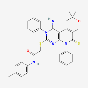 2-[(3-imino-13,13-dimethyl-4,8-diphenyl-9-sulfanylidene-12-oxa-4,6,8-triazatricyclo[8.4.0.02,7]tetradeca-1(10),2(7),5-trien-5-yl)sulfanyl]-N-(4-methylphenyl)acetamide