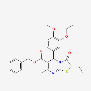 molecular formula C27H30N2O5S B15027619 benzyl 5-(3,4-diethoxyphenyl)-2-ethyl-7-methyl-3-oxo-2,3-dihydro-5H-[1,3]thiazolo[3,2-a]pyrimidine-6-carboxylate 