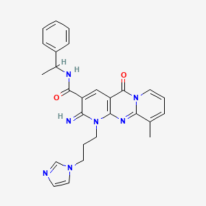 molecular formula C27H27N7O2 B15027766 7-(3-imidazol-1-ylpropyl)-6-imino-11-methyl-2-oxo-N-(1-phenylethyl)-1,7,9-triazatricyclo[8.4.0.03,8]tetradeca-3(8),4,9,11,13-pentaene-5-carboxamide 