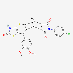 14-(4-chlorophenyl)-9-(3,4-dimethoxyphenyl)-3,7-dithia-5,14-diazapentacyclo[9.5.1.02,10.04,8.012,16]heptadec-4(8)-ene-6,13,15-trione