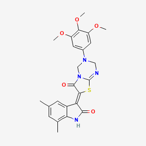 (7Z)-7-(5,7-dimethyl-2-oxo-1,2-dihydro-3H-indol-3-ylidene)-3-(3,4,5-trimethoxyphenyl)-3,4-dihydro-2H-[1,3]thiazolo[3,2-a][1,3,5]triazin-6(7H)-one