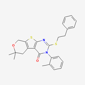 molecular formula C26H26N2O2S2 B15029262 12,12-dimethyl-4-(2-methylphenyl)-5-(2-phenylethylsulfanyl)-11-oxa-8-thia-4,6-diazatricyclo[7.4.0.02,7]trideca-1(9),2(7),5-trien-3-one 